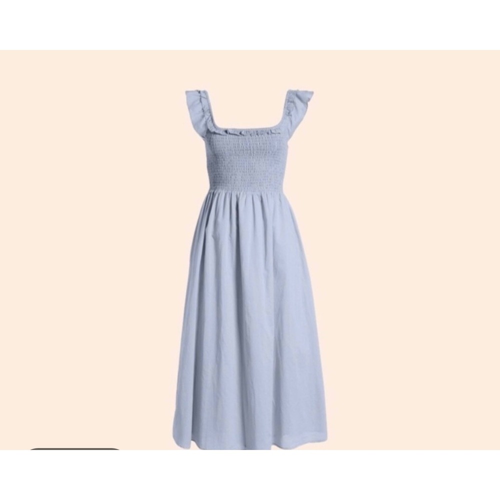 Reformation Light Blue Smocked Midi Dress Ruffle Strap Square Neck XS